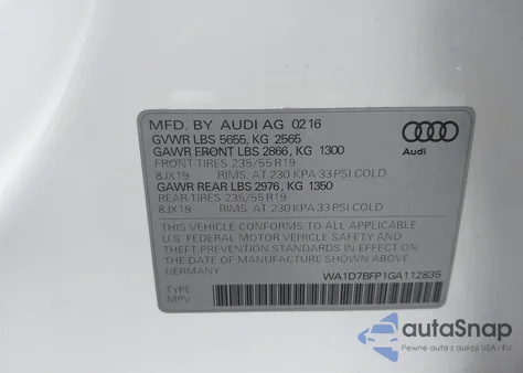 2016 Audi Q5 3.0T Premium Plus from USA, damaged, VIN WA1D7BFP1GA112835